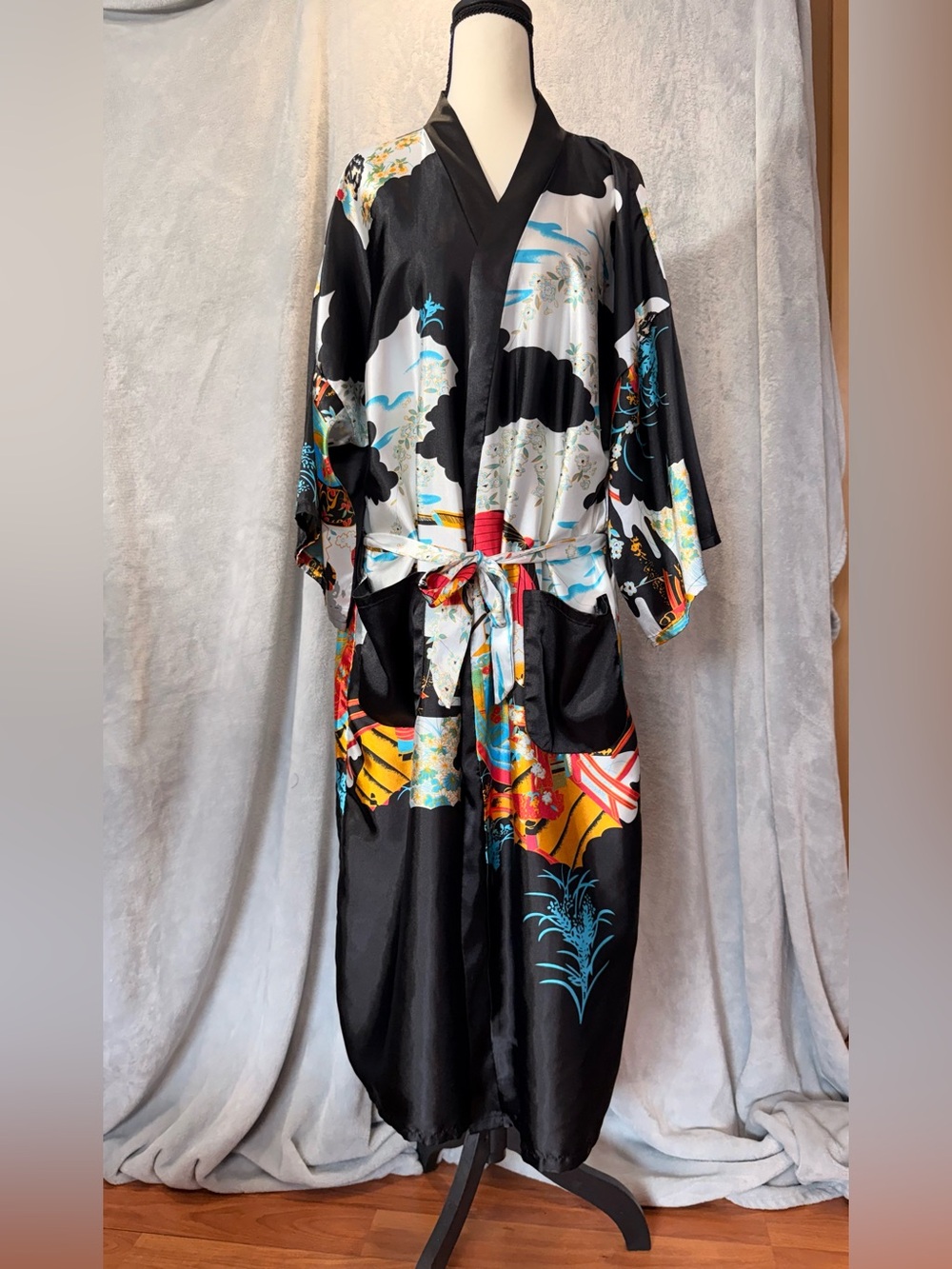 Black Floral Satin Kimono Robe with Colorful Accents